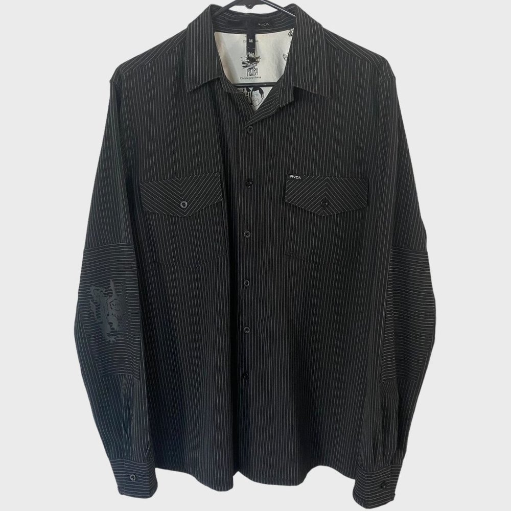 RVCA by PM Tenore Pinstripe Button-Up Shirt Men's Size Medium Black Long-Sleeve